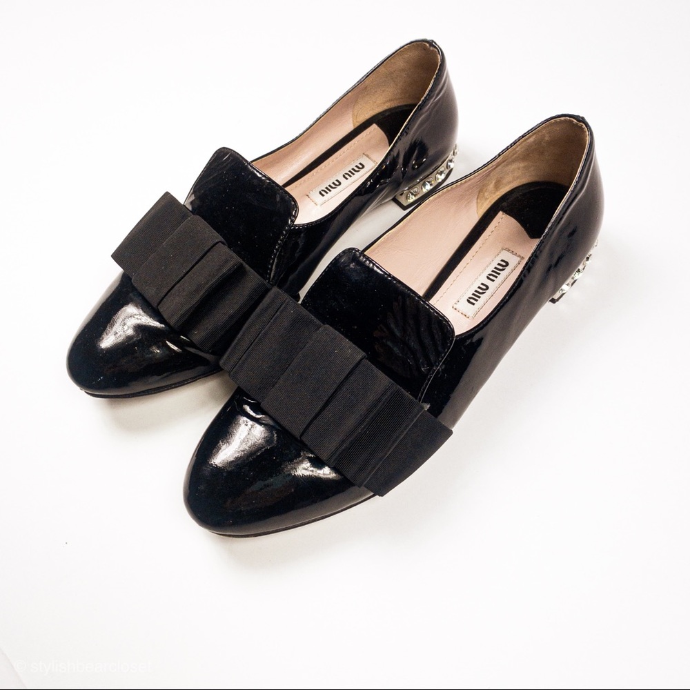 Miu Miu Loafers Jeweled Patent Leather Flats Black - Picture 3 of 7
